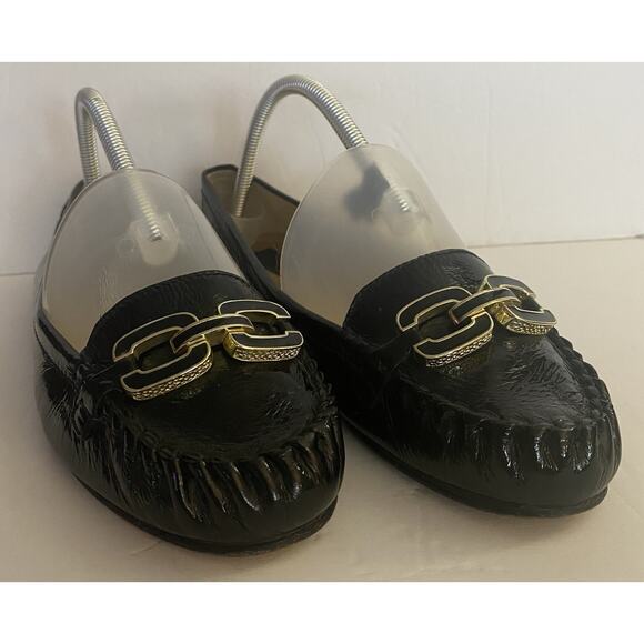 Coach Black Patent Lther Sz 9B Pamelyn A2582 Metallic Dble C Front Classic Flats - Picture 1 of 8